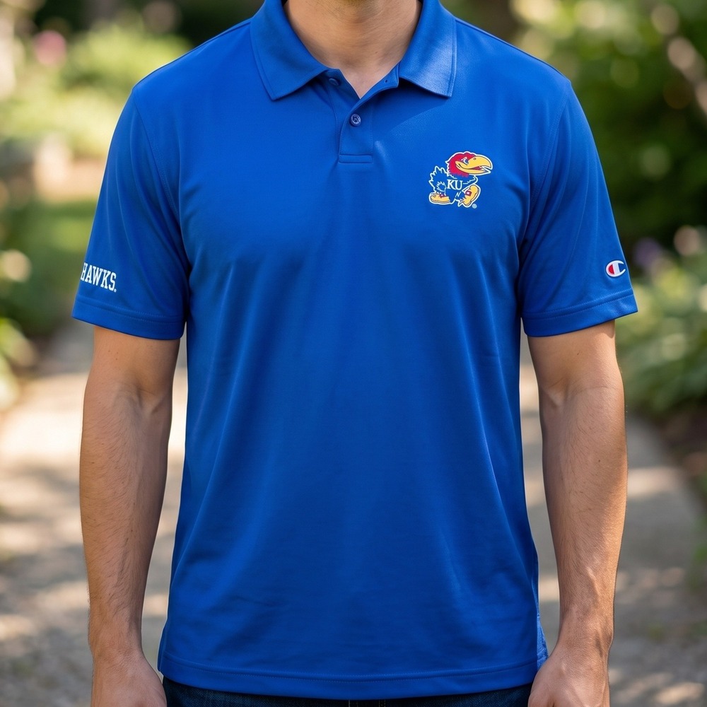 Champion Kansas Jayhawks Polo Mens XL Blue Performance NCAA CBMEC40COS NWT